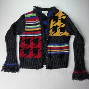 Susan Bristol Patchwork Cardigan Women's Medium Multi-Color Houndstooth‎ Fringe